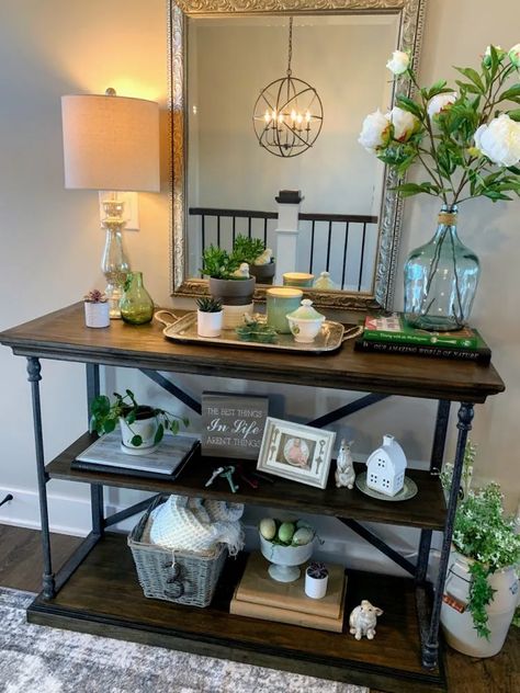 Entry Console Table Decor, Entry Table Decor Ideas, Small Entryway Table, Spring Kitchen Decor, Entry Console Table, Accent Table Decor, Entry Table Decor, Console Table Styling, Console Table Decorating