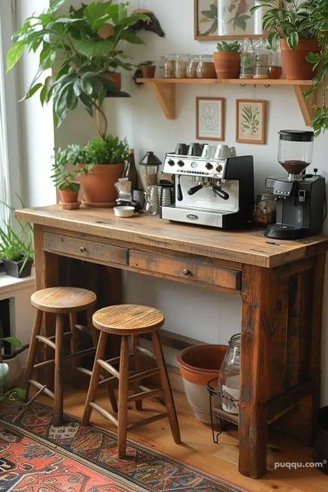 Coffee House Kitchen, Cafe Corner Home Coffee Area, In Home Coffee Bar, Rustic Kitchen Aesthetic, Vintage Coffee Bar Ideas, Cottage Coffee Bar, Coffee Corner Aesthetic, Coffee Bar Station Ideas, Home Coffee Bar Station