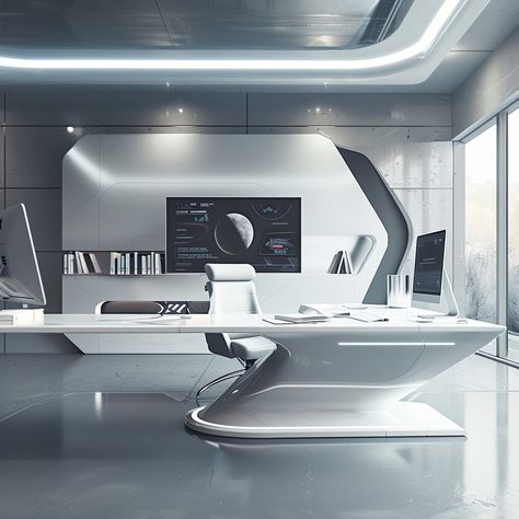 real image, a futuristic office scene with a sleek desk at the center, populate the desk with modern office supplies arranged neatly and ensure there's ample space on the desk for a computer and monitor, color palette should predominantly feature shades of white and gray, aim for a professional yet minimalist ambiance in the image Modern Futuristic Interior Design, Tech Company Office Design, Futuristic Salon, Futuristic Office Desk, Futuristic Office Building, Futuristic Meeting Room, Modern Tech Office, Futuristic Home Office, Scifi Office