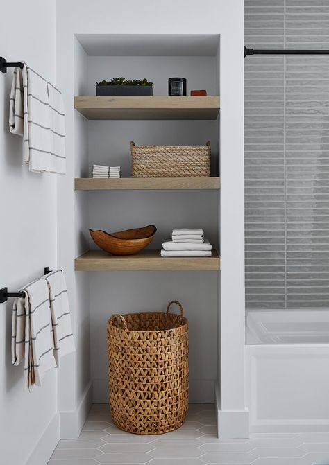 Neutral Bathroom Ideas Earth Tones, Bathroom Closet Organization Ideas, Bathroom Closet Organization, Closet Organization Ideas, Bathroom Redesign, Bathroom Closet, Modern Farmhouse Bathroom, Basement Bathroom, Upstairs Bathrooms