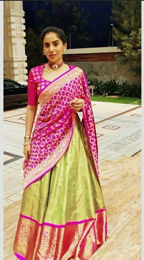 Langa Voni, Lehenga Saree Design, Pattu Saree Blouse Designs, Half Saree Lehenga, Wedding Saree Blouse Designs, Lehenga Blouse Designs, Half Sarees, Silk Saree Blouse Designs, Half Saree Designs