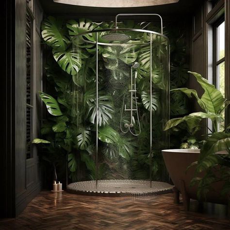 Loft Bathroom Ideas, Spanish Style Bathrooms, Rainforest Shower, Bali Style Home, Jungle Bedroom, Natural Showers, Home Vibes, Jungle House, Earth Sheltered