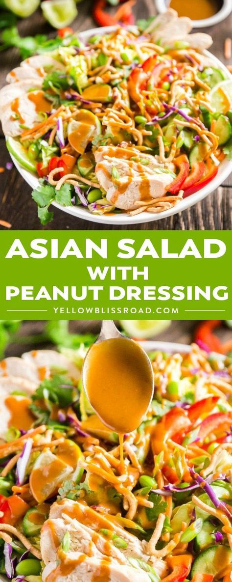 Asian Salad with Peanut Dressing is crisp, refreshing and full of delicious flavors- this is the perfect healthy main dish but can also be made to feel a crowd as a side dish or starter that will have people fighting for seconds! #salad #dinnerrecipes  #yellowblissroad Pasta Salad For A Crowd, Cooked Chicken Leftovers, Asian Christmas, Salad For A Crowd, Salad With Peanut Dressing, Asian Salad Recipe, Asian Salad Dressing, Peanut Salad, Salads For A Crowd