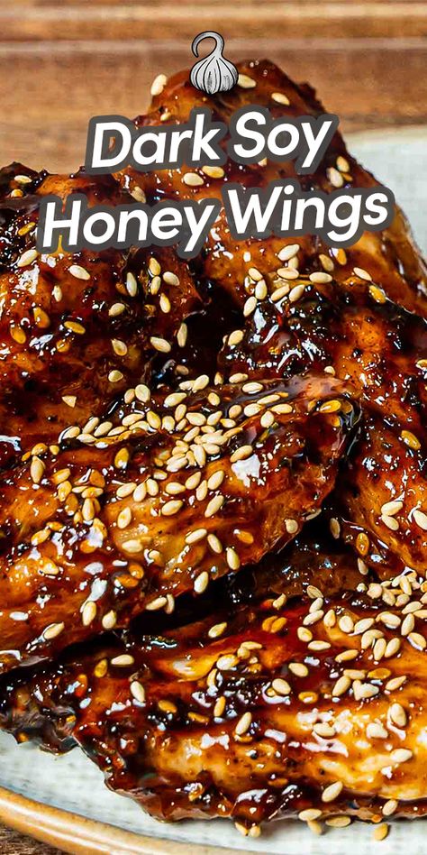 These Dark Soy Honey Wings are savory, sweet and deliciously sticky. The dark and robust soy sauce married with honey and ginger make this an irresistible chicken wing recipe. Honey Sesame Chicken Wings, Honey Glaze Chicken Wings, Chicken With Honey And Soy Sauce, Chicken Thigh Recipes With Honey And Soy Sauce, Chicken Wings With Honey And Soy Sauce, Healthy Grilled Chicken Recipes, Appetizers For Kids, Recipe Using Chicken, Slow Cooked Chicken