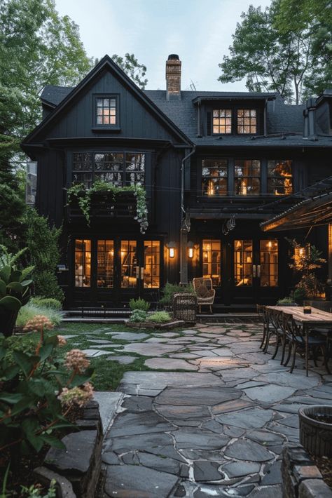 Black House Aesthetic Exterior, Dark Academia Aesthetic House, Rustic Academia, Dark Cottage Aesthetic, Barndominium Cottage, Cottagecore House Aesthetic, Cottagecore House Exterior, Moody Exterior, Patio Paving Ideas