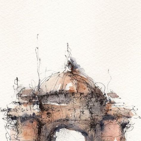 Adrianna Johnston on Instagram: "Warm tones and ink scribbles - fountain pen drawing and watercolor washes. • • • #watercolor #penandwatercolour #penandink #penandwash #inkdrawing #penandwashillustration #artillustration #artwork #artistsoninstagram #illustration" Pen And Wash Drawings, Ink Wash Drawings, Watercolour Architecture, Watercolor Loose, Fountain Pen Drawing, Drawing And Watercolor, Ink And Wash, Ink Wash Painting, Pen And Wash