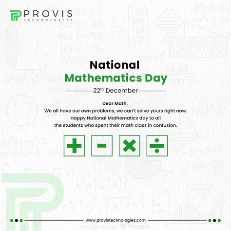 Happy National Mathematics Day to all the students who spent their math class, solving problems and confusions.. #national #mathematics #day #maths #science #Statistics #knowledge #academics #ramanujan #aryabhatta Happy National Mathematics Day Poster, Mathematics Day Status, Happy Maths Day, National Mathematics Day Creative Ads, National Mathematics Day Poster, Maths Day Poster, National Mathematics Day, World Maths Day, Mathematics Day