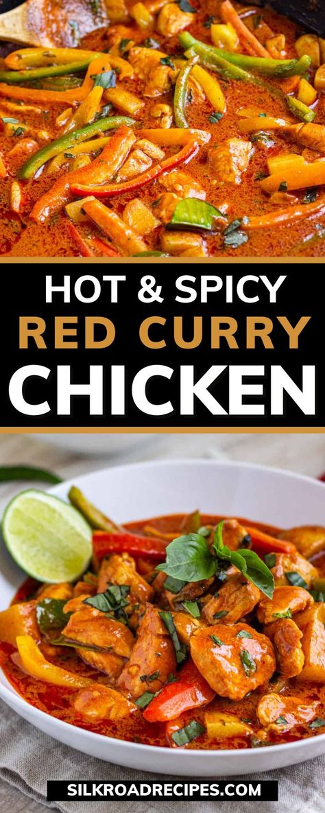 This Hot and Spicy Red Curry Chicken is a Thai recipe that can be made in less than 40 minutes and give you all the heat you’re looking for. If you need to tone down the spice, eat this Thai Curry with naan bread or rice. The juicy chicken with the curry sauce is delicious! Spicy Thai Red Curry Chicken Casserole, Spicy Red Curry Chicken, Curry Recipes Spicy, Spicy Thai Curry Recipes, Red Thai Chicken Curry Coconut Milk, Best Red Curry Recipe, Thai Recipes Spicy, Spicy Thai Chicken Recipes, Spicy Red Curry