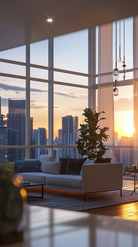 Contemporary High Rise Apartment with Skyline Views through Floor to Ceiling Windows. Apartment With Floor To Ceiling Windows, Floor To Ceiling Windows Apartment, Windows Apartment, Apartment Manifestation, High Rise Apartment, Apartment View, High Rise Apartments, Apartment Goals, Skyline View