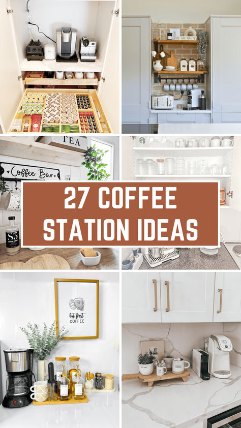 A cozy kitchen corner with a coffee station featuring a wooden shelf, coffee maker, mugs hanging on hooks, and jars of coffee beans and sugar. At Home Coffee Station Ideas, Coffee Bar Station Small Spaces Countertop, Diy Kitchen Coffee Station, Nespresso Area On Counter, Hiding Coffee Station In Kitchen, Mini Coffee Station On Counter, Tiny Coffee Bar Small Spaces, Coffee Bars For Small Spaces, Coffee Toaster Station