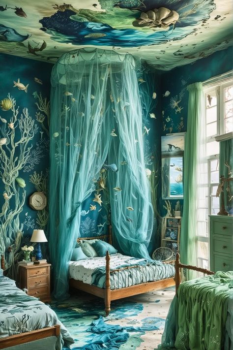 Under The Sea Theme Bedroom, Sea Inspired Bedroom, Ocean Themed Bedroom For Kids, Summer Themed Room, Ocean Bedroom Kids, Sea Theme Room, Sea Bedroom Ideas, Ocean Theme Bedroom, Ocean Decor Bedroom