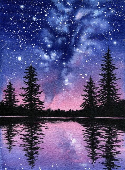 Watercolor Night Sky, Night Sky Art, Wall Decor Diy, Sky Art Painting, Night Sky Painting, Lake Painting, Galaxy Painting, Landscape Art Painting, Sky Painting