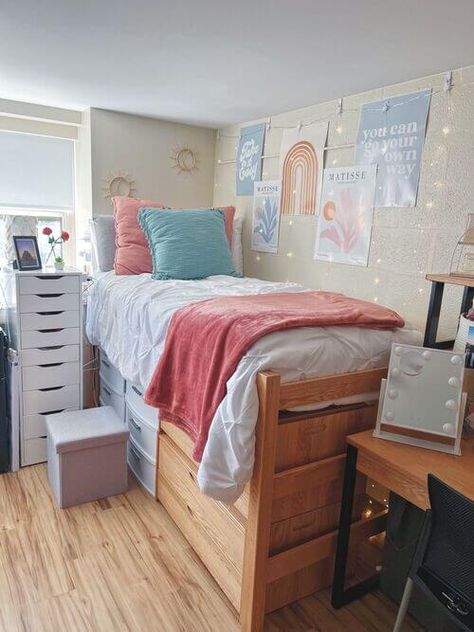 31 Insanely Cute Dorm Room Color Scheme Ideas To Recreate In 2023 Penn State College Dorm, Cute Dorm Rooms Boho, Utampa Dorm Room, Dorm Room Ideas Grey And Pink, Blue Bedroom Pink Accents, Cute Aesthetic Dorm Rooms, Pink And Blue Boho Bedroom, Blue Pink Dorm Room, Dorm Decor Inspiration