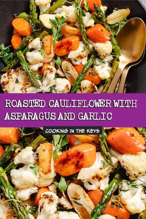 Roasted cauliflower, asparagus, and carrots come together on one sheet pan for an easy side dish bursting with vibrant colors and great taste. Roasting several vegetables together is great for meal prep and meal planning. The dish creates a medley of colors and tastes that make every bite a delicious experience. Cauliflower Asparagus Recipes, Asparagus Carrots Recipes, Carrot Cauliflower Recipes, Roasted Veggie Medley, Asparagus Carrots, Ways To Cook Cauliflower, Cook Cauliflower, Veggie Burger Patties, Cauliflower Hummus