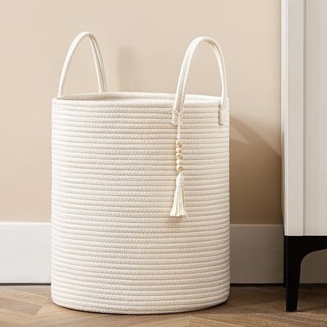 Amazon.com: UBBCARE Tall Laundry Hamper - 15 x 17.7 inches, Large Woven Rope Storage Basket with Handles, Laundry Basket for Blankets, Dirty Clothes, Toys and Shoes in Living Room, Bedroom, White : Home & Kitchen Bedroom Hamper, Clean Girl Room, Basket For Blankets, Woven Laundry Basket, Rope Storage Basket, Beige Room, Rope Storage, Clothes Toys, Blanket Basket