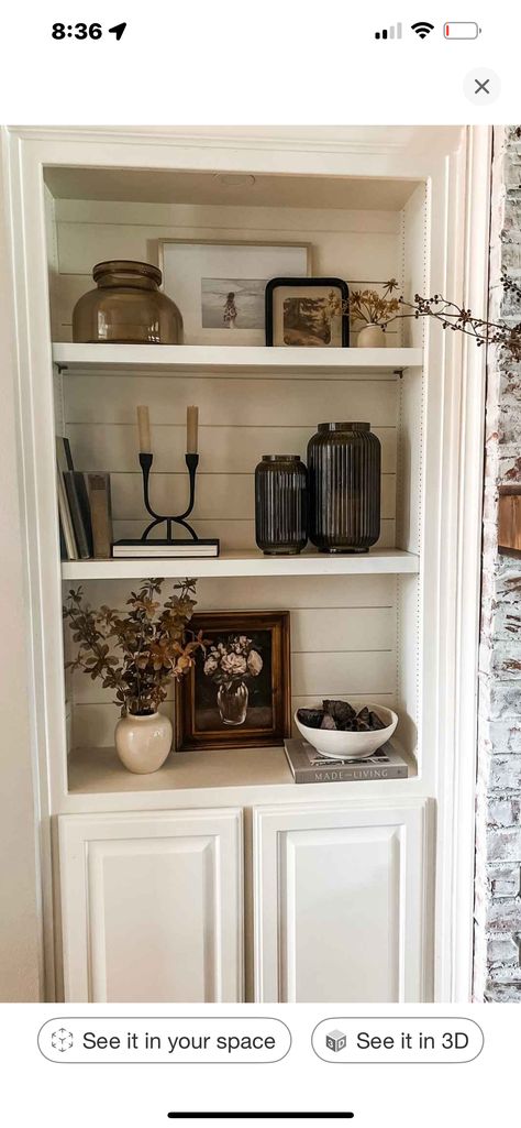 Built In Shelves Remodel, Old Built In Bookshelves, Creating Built In Bookcase, Built In Book Shelf Wall Ideas, Built In Shelves Small Living Room, Beadboard Bookshelf, Bookcase In Wall, Vintage Built In Bookshelves, Painting Built In Bookcase