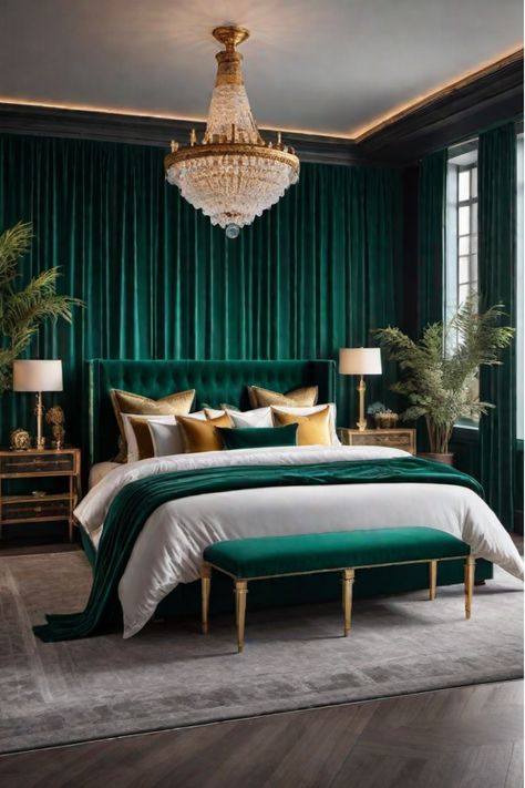 Bold bedroom with rich jewel tones Dark Teal Bedroom Ideas, Dark Teal Bedroom, Emerald Green Bedrooms, Green Bedroom Design, Green Bedroom Decor, Teal Bedroom, Art Deco Bedroom, Gold Bedroom, Green Walls