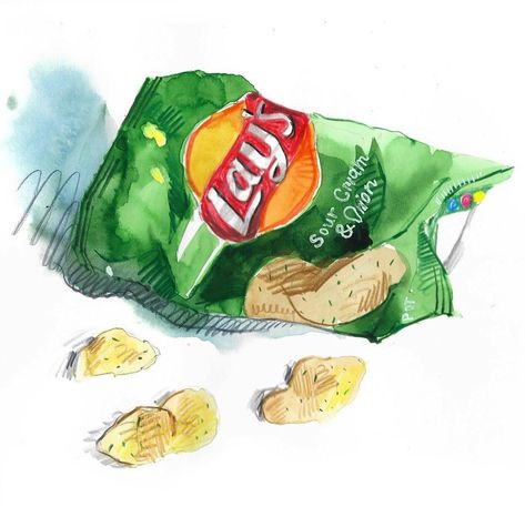 Cartoon Food, Drawing Bag, Food Painting, Painting Art Lesson, Food Table, Chip Bags, Watercolor Drawing, Art Lesson, Nantucket