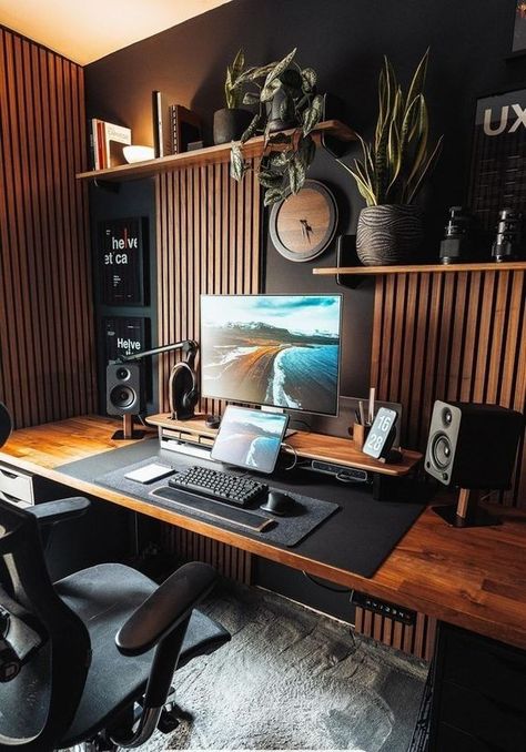 Set Up Desk Home Office, Office And Studio Ideas, Home Studio Office Ideas, Home Office Inspiration Men, Home Office Wood Wall, Gamer Office Design, Desk Setup Aesthetic Modern, Set Up Home Office Ideas, Male Office Space