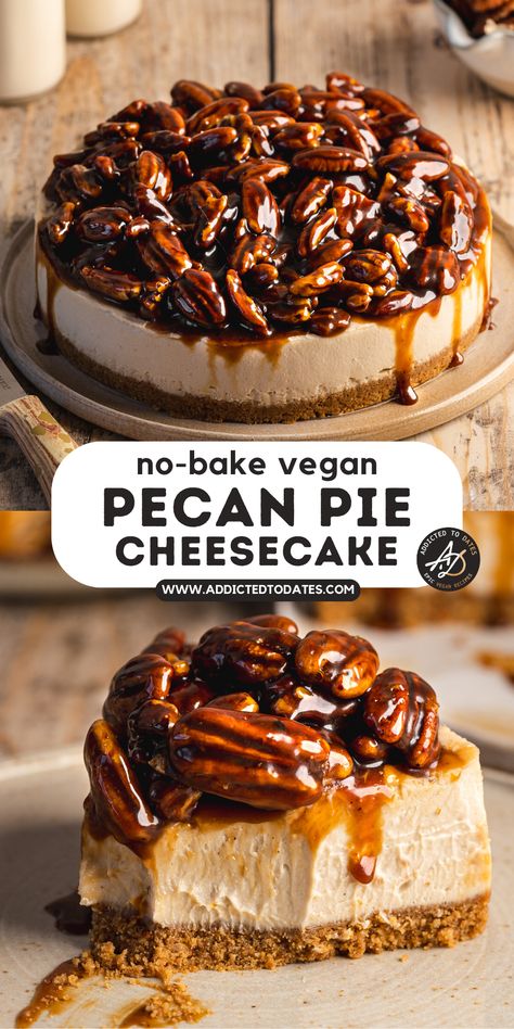 Caramel Pecan Cheesecake (Vegan, No Bake) No Bake Vegan Pie, Vegan Pecan Pie Cheesecake, Vegan Pecan Cheesecake, Vegan Caramel Cheesecake, Christmas Pecan Pie, Healthy Desserts Vegan, Vegan Cream Cheese Desserts, Scarlett Pie, Thanksgiving Vegan Desserts