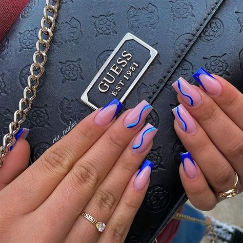 Blue Nail Ideas Coffin, Blue Nails Ideas Coffin, Nail Inspo Trendy Blue, Blue Nail Ideas Acrylic, Blue Trendy Nails, Blue Coffin Nail Ideas, Blue Nail Inspo Acrylic, Short Blue Acrylic Nails, Blue Prom Nails