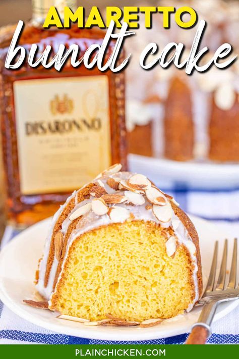 Amaretto Bundt Cake – if you like almond flavor, this cake is for you! The cake is super moist and the Amaretto glaze really puts it over the top! Extremely easy to make with a box of cake mix, vanilla pudding mix, and Amaretto liqueur. Serve the cake with some whipped cream or vanilla ice cream. SO good! Dessert Bundt Cake, Amaretto Bundt Cake, Bundt Pound Cake, Amaretto Cake, Cake Mix Cakes, Honeycomb Cake, Cheesy Biscuit, Lemon Pound Cake Recipe, Bundt Cake Recipes