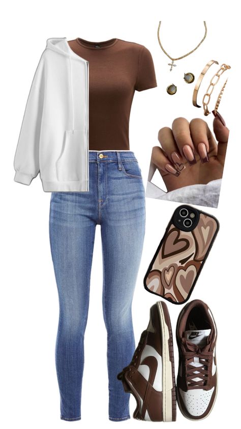 Simple brown outfit. Chocolate Shoes Outfit, Brown Shoe Outfits Women, Brown And White Dunks Outfit, Brown Shoes Outfit Women, Casual Brown Outfits, Brown Shirt Outfits Women, Brown Sneakers Outfit Women's, Tan Shoes Outfit, Brown Tshirt Outfit