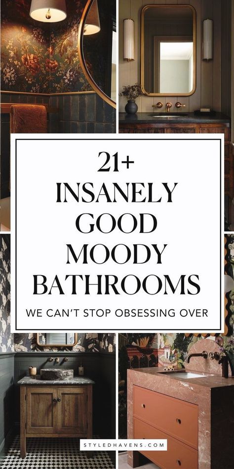 Searching for the best moody bathroom inspo? It's no secret moody bathrooms are trending for 2025 - the deep, jewel tones and rich character are all over the world of modern bathroom design. If you love a good dark bathroom style, these hand-picked bathrooms are for you - including ideas for bathroom decor! (Save to your bathroom interior design board for later!) Dark Powder Room Ideas, Dark Moody Bathroom, Moody Bathrooms, Moody Bathroom Ideas, Small Dark Bathroom, Powder Bathroom Ideas, Half Bath Design, Powder Room Design Ideas, Moody Bathroom