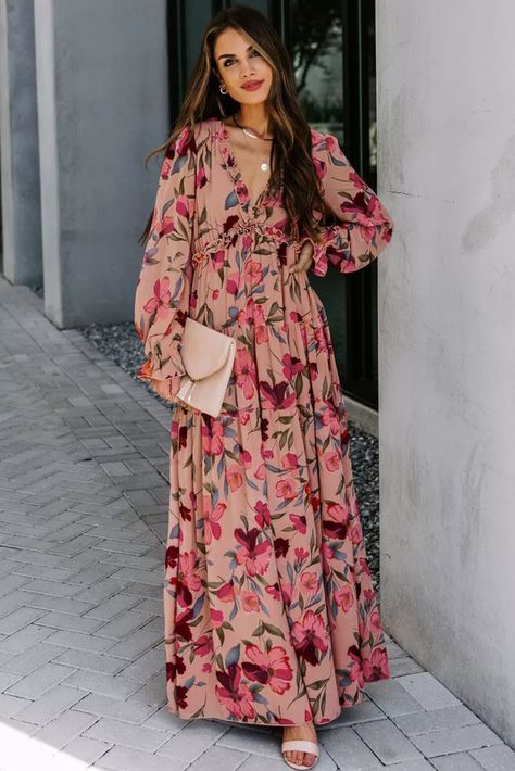 Women Long Sleeve Dress, Maxi Styles, Maxi Dress Wedding, Pregnancy Maxi Dress, Tiered Maxi Dress, Long Wedding Dresses, Pink Maxi Dress, Wedding Dress Long Sleeve, Evening Dresses Long