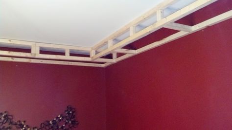 Road to the Ravenna: DIY Tray Ceiling - UPDATED How To Make A Tray Ceiling, Diy Tray Ceiling Ideas, Diy Cove Lighting Ceilings, Diy Cove Lighting, Dropped Ceiling With Cove Lighting, Diy Crown Molding With Led Lights, Diy Tray Ceiling, Living Room Tray Ceiling, Drywall Coffered Ceiling