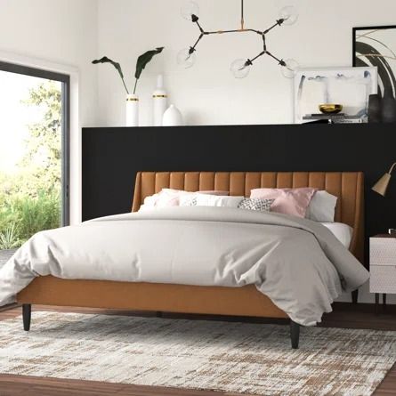 Wade Logan® Afraa Tufted Upholstered Low Profile Platform Bed | Wayfair Leather King Bed Frame, Brown Bed Frame Bedroom Ideas, Low Profile King Bed, Upholstered Beds Bedroom Ideas, Caramel Bedroom, Low Headboard Bed, Bed On Floor Ideas, Plush Bed Frame, Leather Headboard Bedroom