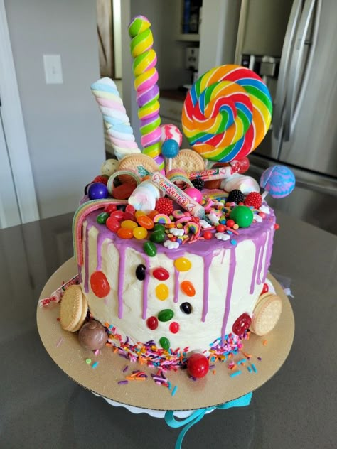 I Want Candy Birthday, Candy Filled Cake How To Make A, Birthday Cake With Sweets On Top, Sweet Shop Birthday Cake, Forever Sweet Birthday Cake, Diy Candy Birthday Cake, Birthday Cake With Candy On Top, Sweet Themed Cake, Candy Covered Cake