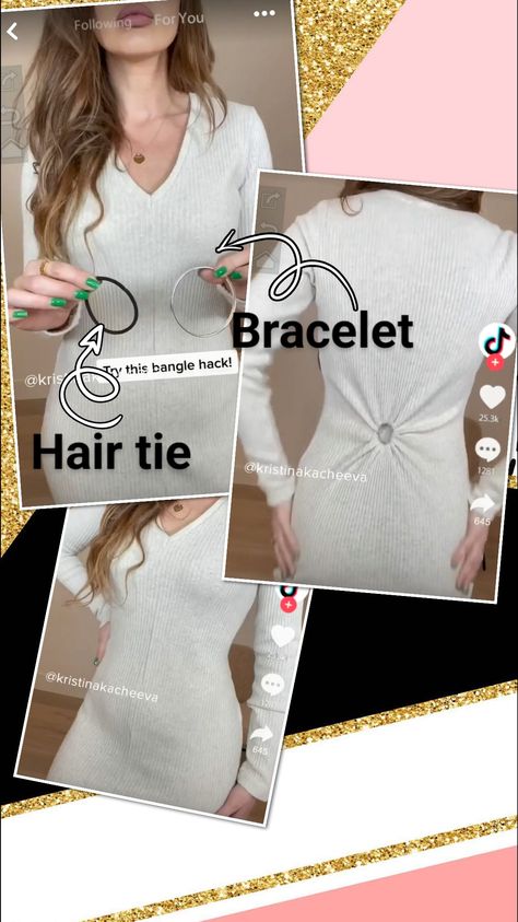 Bracelet Hack For Dress, Bangle Hair Tie Dress Hack, Workout Beginner, Hair Tie Bracelet, Bodyweight Workout Beginner, Life Hack, Ponytail Holder, Making Shirts, Bracelet Bangle