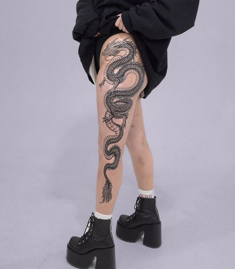 Chinese Dragon Leg Tattoo For Women, Dragon Leg Sleeve Tattoo For Women, Full Leg Snake Tattoos Women, Full Leg Dragon Tattoos Women, Dragon Tattoo Leg Woman, Dragon Tattoo On Leg Women, Good Thigh Tattoos, Leg Tattoos Women Dragon, Full Leg Snake Tattoo