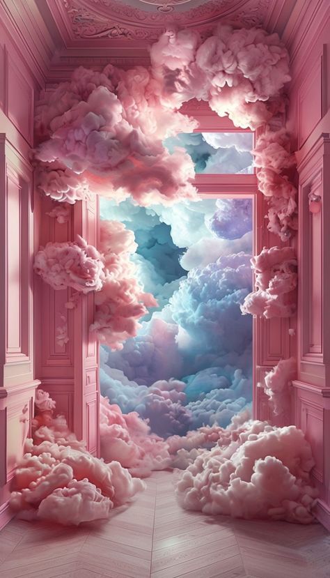 Surreal Pink Hallway with Dreamy Cloudscape Art Poster - Playground Pink Window Aesthetic, Heaven Art Aesthetic, Window Aesthetic Wallpaper, Dream Art Surrealism, Dreamy Art Aesthetic, Pink Art Aesthetic, Pretty Screensavers, Dreamscape Art, Surrealism Landscape