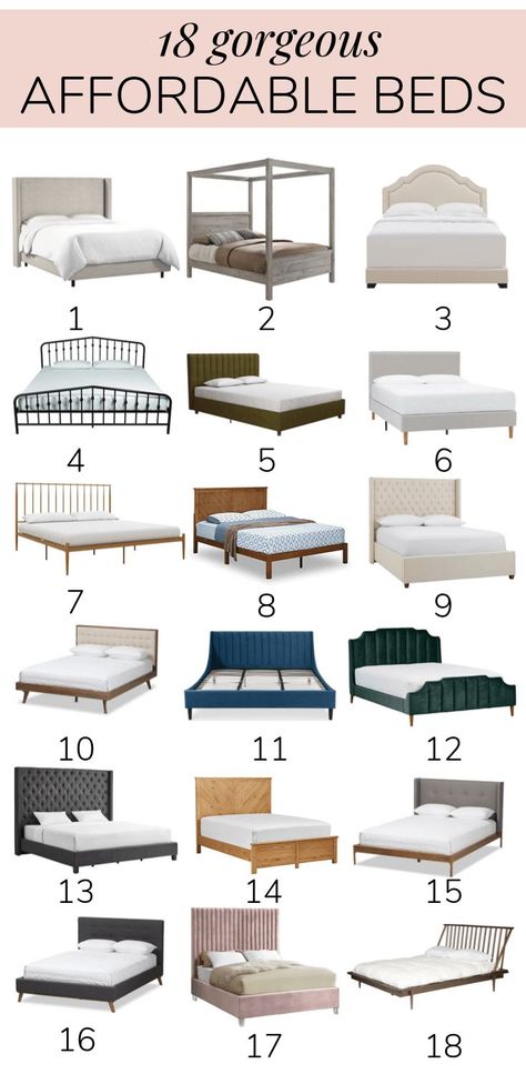 Beautiful affordable beds in every style! If you're looking for a cheap bed frame, this post will have one you'll love! Wood And Upholstered Bed Frame, Tufted Upholstered Bed Frame, Modern Boho Bed Frame, King Bed Frame Cheap, Best King Bed Frame, Best Bed Frames King, Affordable Queen Bed Frame, Different Bed Frame Styles, Simple Queen Bed Frame