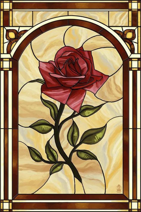 'Rose Stained Glass' Art Print - Lantern Press | Art.com Free Art Deco Stain Glass Patterns, Poison Ivy Stained Glass, Stained Glass Flowers Modern, Stained Glass Panels Goth, Stained Glass Panels Victorian, Stained Glass Patterns Free Printables Flowers, Vintage Glass Window Art, Stained Glass Vase Patterns, Faux Stained Glass With Cricut