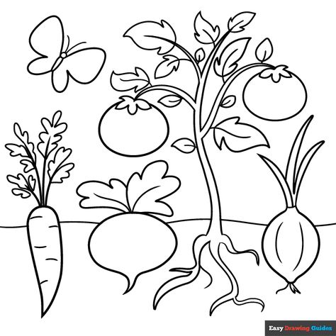 Free printable vegetables coloring page Garden Drawing For Kids, Easy Fall Coloring Pages, Plant Coloring Pages, Flower Crafts Preschool, Vegetables Drawing, Fall Coloring Pages For Kids, Vegetable Crafts, Animal Coloring Pages For Kids, Flower Coloring Sheets