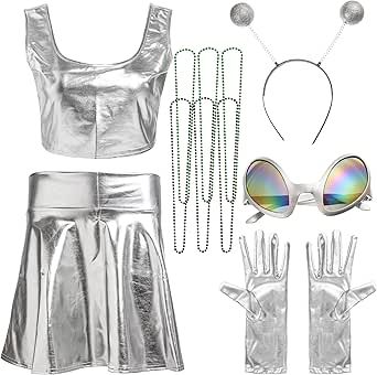 Alien Dance Costume, Aesthetic Alien Costume, Space Alien Costume Women, Silver Costume Ideas, Cute Alien Halloween Costume, Diy Alien Costume Women, Adult Alien Costume, Alien Halloween Costumes, Alien Accessories