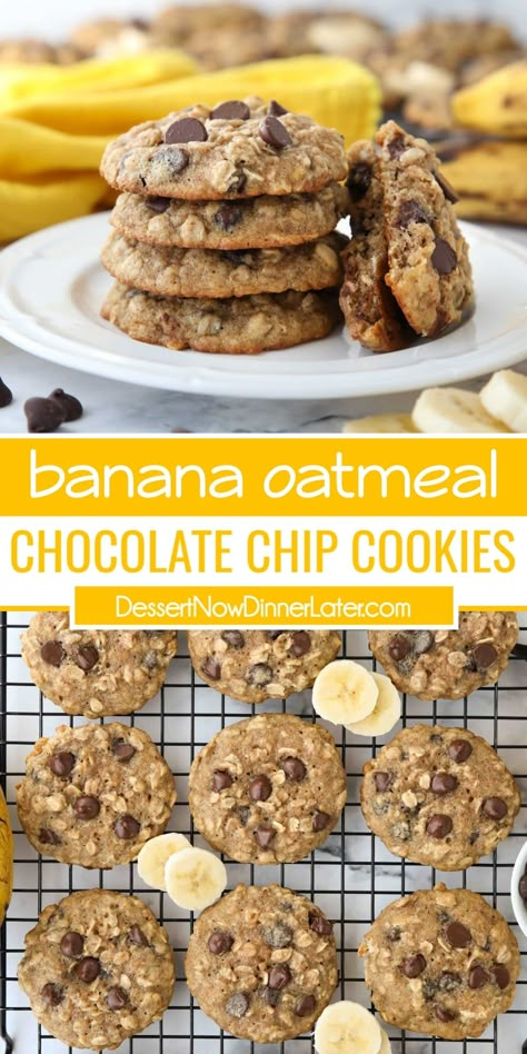 Banana Oatmeal Chocolate Chip Cookies are soft, slightly cakey, and moist with lots of chewy oats and sweet chocolate chips. No chill time required. Just make and bake. A great recipe for ripe and overripe bananas. Banana Chocolate Oatmeal, Banana Oatmeal Breakfast Cookies, Very Low Calorie Foods, Fat Cookies, Banana Oatmeal Chocolate Chip Cookies, Low Fat Cookies, Banana Chocolate Chip Cookies, Low Fat Desserts, Oatmeal Breakfast Cookies