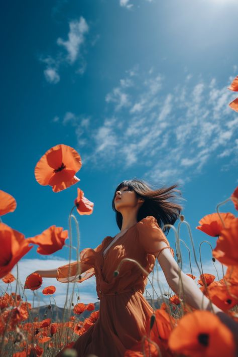 woman flies through red poppies, in the style of bertil nilsson, album covers, graceful balance, arthur tress, jacek malczewski, bloomcore, close up --ar 1:1 Photo In Flower Field, Person In Field Of Flowers, Flower Field Photo Ideas, Person In Field, Album Cover Photoshoot Ideas, Poppy Field Photoshoot, Woman In Flower Field, Poppy Photoshoot, Open Field Photoshoot