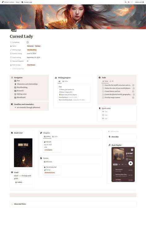 Notion For Writing A Book, Notion Novel Planning, Notion For Writers Template, Notion For Writers, Notion Writing Template, Writing Notion, Notion Examples, Novel Revision, Story Planner