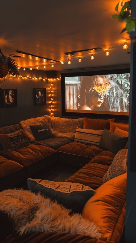 Small Space Theater Room, Entertainment Room Design Ideas, Home Movie Theatre Aesthetic, Boho Media Room, Movie Tv Room, Entertainment Room Ideas Family Cozy, Home Cinema Attic, Theater Style Living Room, Comfy Movie Room Ideas