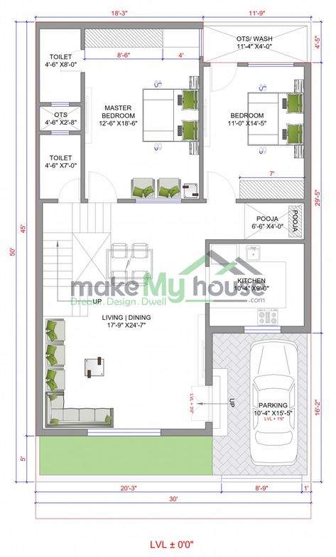 Make My House offers a wide range of Readymade House plans at affordable price. This plan is designed for 30x50 South West Facing Plot having builtup area - 1500 SqFT with Modern Floorplan for Duplex House. Duplex Design House Plans Layout, 30 X 50 House Plans South Facing, 30x50 South Facing Plans, South East Facing House Plan Vastu, 30 60 Feet House Plan South Facing, 30x65 House Plans, 30x40 South Facing House Plans, 30x 60 House Plans, 30x 50 House Plans