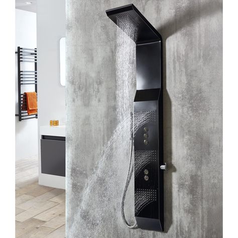 Patos Thermostatic Shower Column.  Touch Valves.  To view our Phoenix range, visit us at www.thebathroomboutique.ie #Phoenix #bathroomideas #modernhome #bathrooms #interior #design Waterfall Shower Head, Shower Tower, Bathroom Shower Panels, Waterfall Shower, Shower Columns, Shower Panel, Blue Led Lights, Rainfall Shower Head, Black Shower