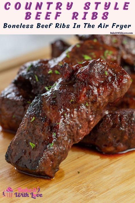 These tasty air fryer boneless country style beef ribs are the easiest way to get your hearty BBQ fix in no time at all! The ribs are seasoned and slathered in sweet BBQ sauce, then cooked right in your air fryer! These smoky, saucy, perfectly tender ribs are ready for any time of year! BakeItWithLove.com #bakeitwithlove #airfryer #boneless #countrystyle #beef #ribs #bbq Short Ribs Recipe Air Fryer, Ribs Recipe Air Fryer, Boneless Beef Short Ribs Recipe, Boneless Beef Ribs Recipe, Country Style Beef Ribs, Ribs Air Fryer, Boneless Ribs Recipe, Beef Country Style Ribs, Boneless Beef Ribs