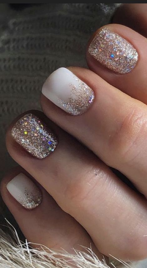 Milky Gel Nails With Design, Wedding Party Nails Simple, Neutral Glitter Nails Short, Short Bridesmaid Nail Ideas, Short Neutral Nails With Glitter, Bridesmaid Gel Nails, Dip Manicure Wedding Nails, Glitter Wedding Nails Short, Holiday Shellac Nails