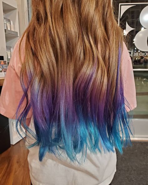 Colored Hair Tips Purple, Blue And Purple Tips Hair, Pink And Blue Tips Hair, Color Tips Hair Dip Dyed, Kids With Colored Hair, Hair Colored Tips, Kids Hair Color Ideas Girls Fun, Blue And Purple Hair Highlights, Colored Ends Of Hair