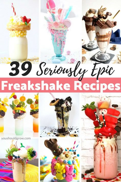 Loaded Milkshake Ideas, Over The Top Milkshakes, Over The Top Milkshakes Recipe, Fancy Milkshakes Diy, Milkshake Flavor Ideas, Big Milkshakes, Milkshake Bar Ideas, Unique Milkshakes, Fancy Shakes