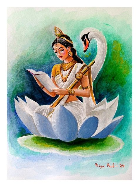 Saraswati Ji Drawing, Saraswati Acrylic Painting, Cute Saraswati Drawing, Saraswati Painting Easy, Saraswati Drawing Art, Indian Goddess Drawing, Maa Saraswati Painting, Saraswati Mata Drawing, Saraswati Maa Drawing